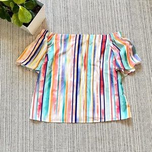 Do+Be watercolor rainbow stripe OTS silky flowy blouse
